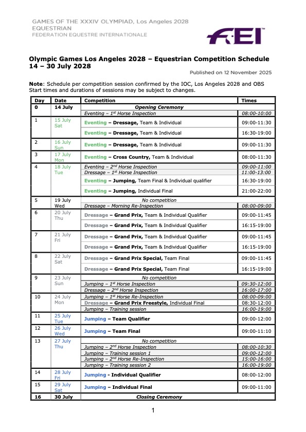 LA28 Olympic schedule equestrian timetable
