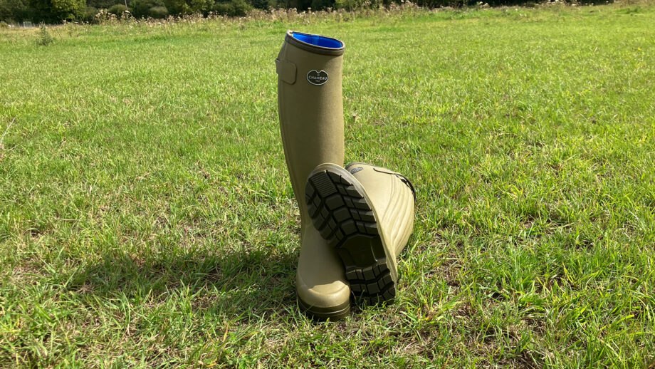 Le Chameau Chasseur Neoprene Lined Wellington Boots front view in a field one boot showing footbed