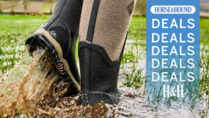 Close up of wellies in a puddle with Horse & Hound deals graphic