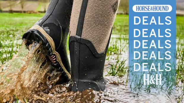 Close up of wellies in a puddle with Horse & Hound deals graphic