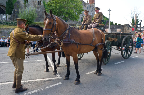 Living history reenactors as WWI soldiers with horse and cart at Hay-on-Wye Powys Wales UK