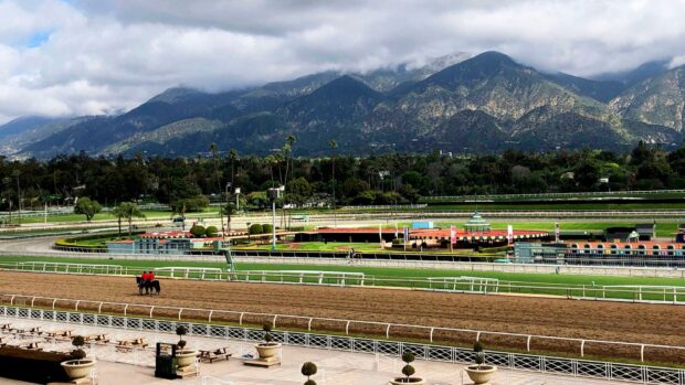 2REKRCX FILE - Horses and riders are on the track at Santa Anita Park in Arcadia, Calif., March 28, 2019. (AP Photo/Amanda Lee Myers, File)