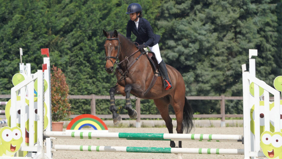 Horse jumping fence with dangling front legs, demonstrating a need to improve jumping technique