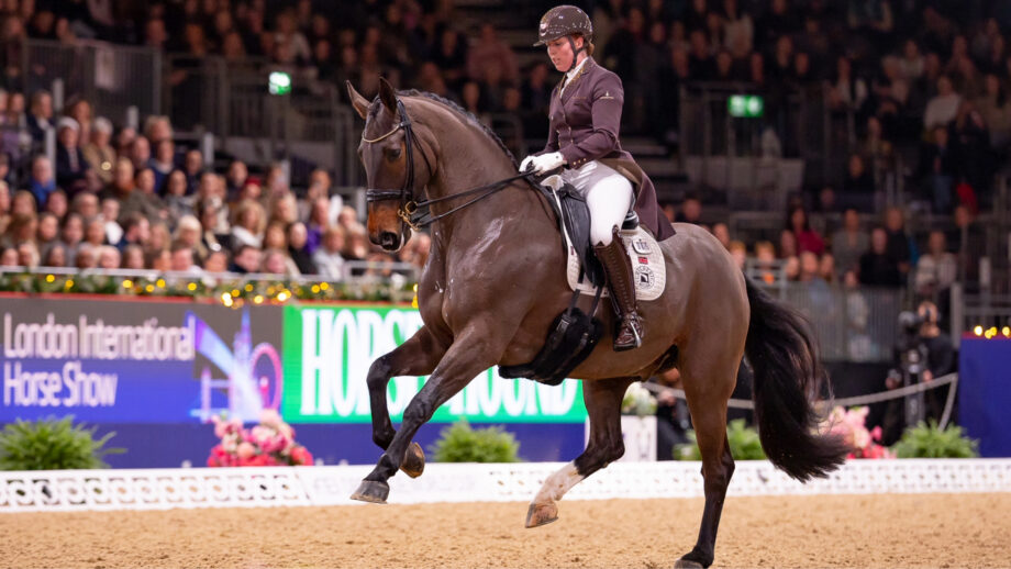 Becky Moody and Jagerbomb finish second in the freestyle at the London International Horse Show.