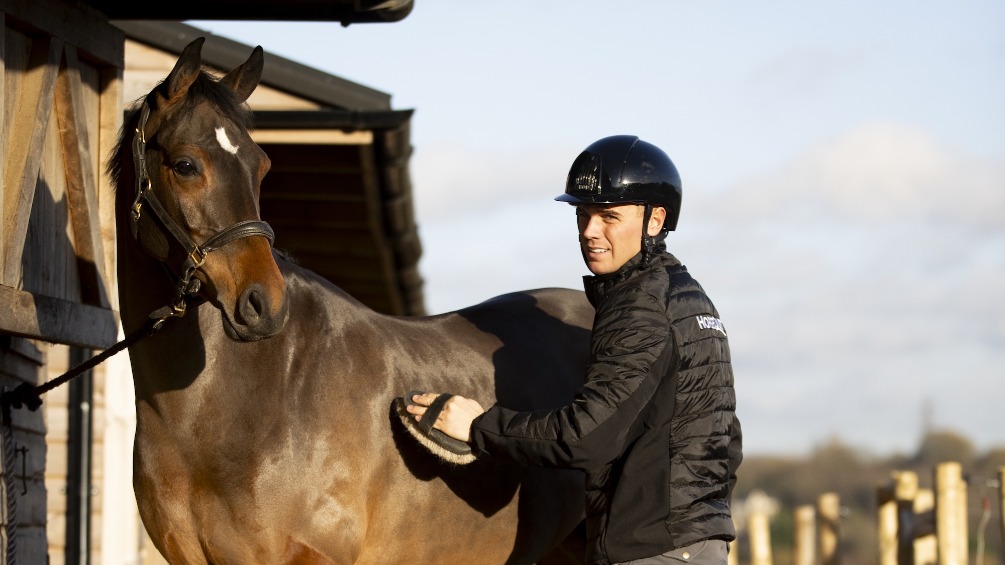 Man brushing horse