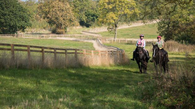 Image shows two riders out hacking in the countryside