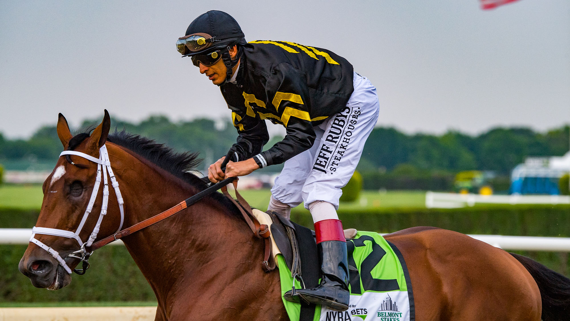 Jockey John Velazquez warms up one-eyed Patch right before The 149th running of the Belmont Stakes at Belmont Park on June 10, 2017