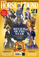 Cover of Horse & Hound 4 December edition, gold background with a 'Review of the year' roundel and actions shots of five horses and riders