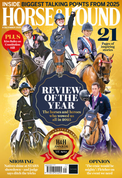 Cover of Horse & Hound 4 December edition, gold background with a 'Review of the year' roundel and actions shots of five horses and riders