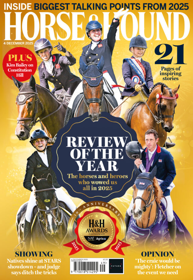 Cover of Horse & Hound 4 December edition, gold background with a 'Review of the year' roundel and actions shots of five horses and riders