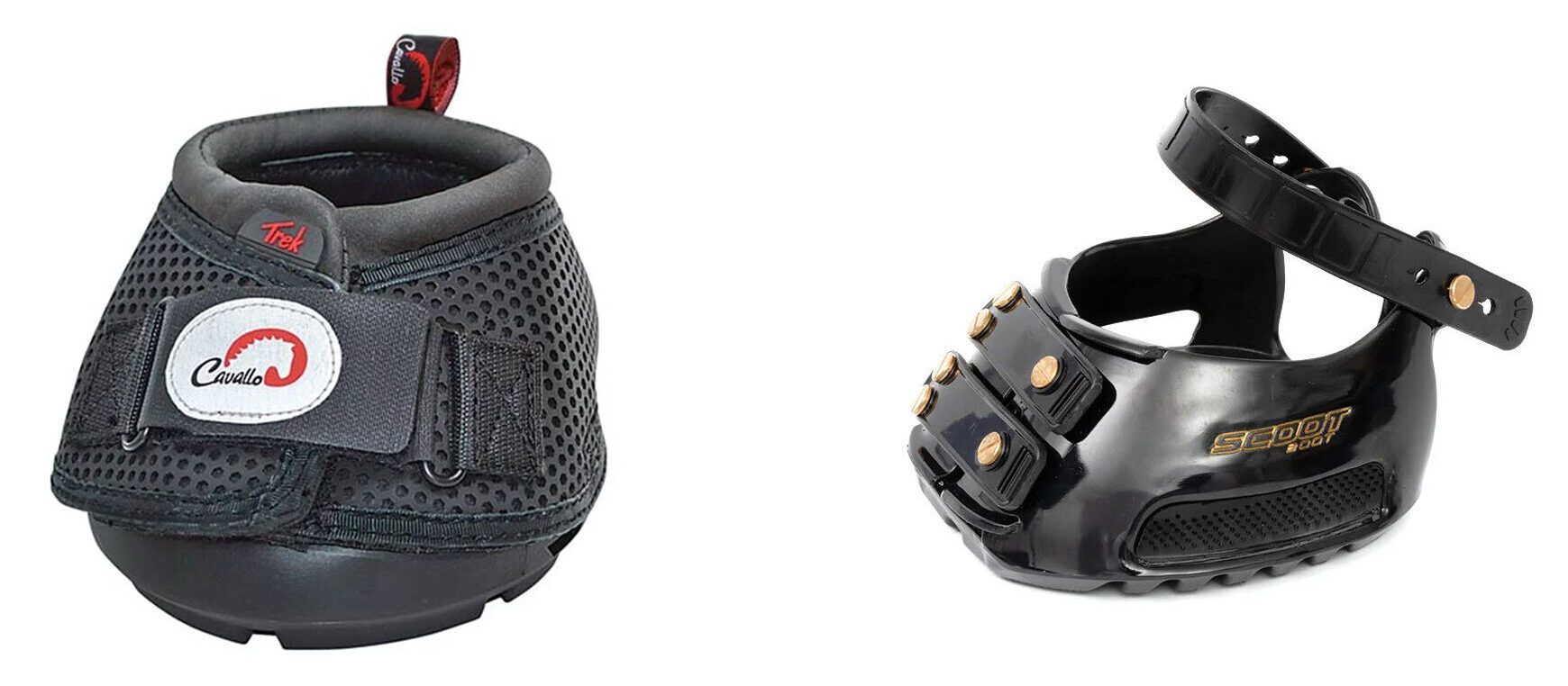 Examples of two different styles of hoof boots for riding