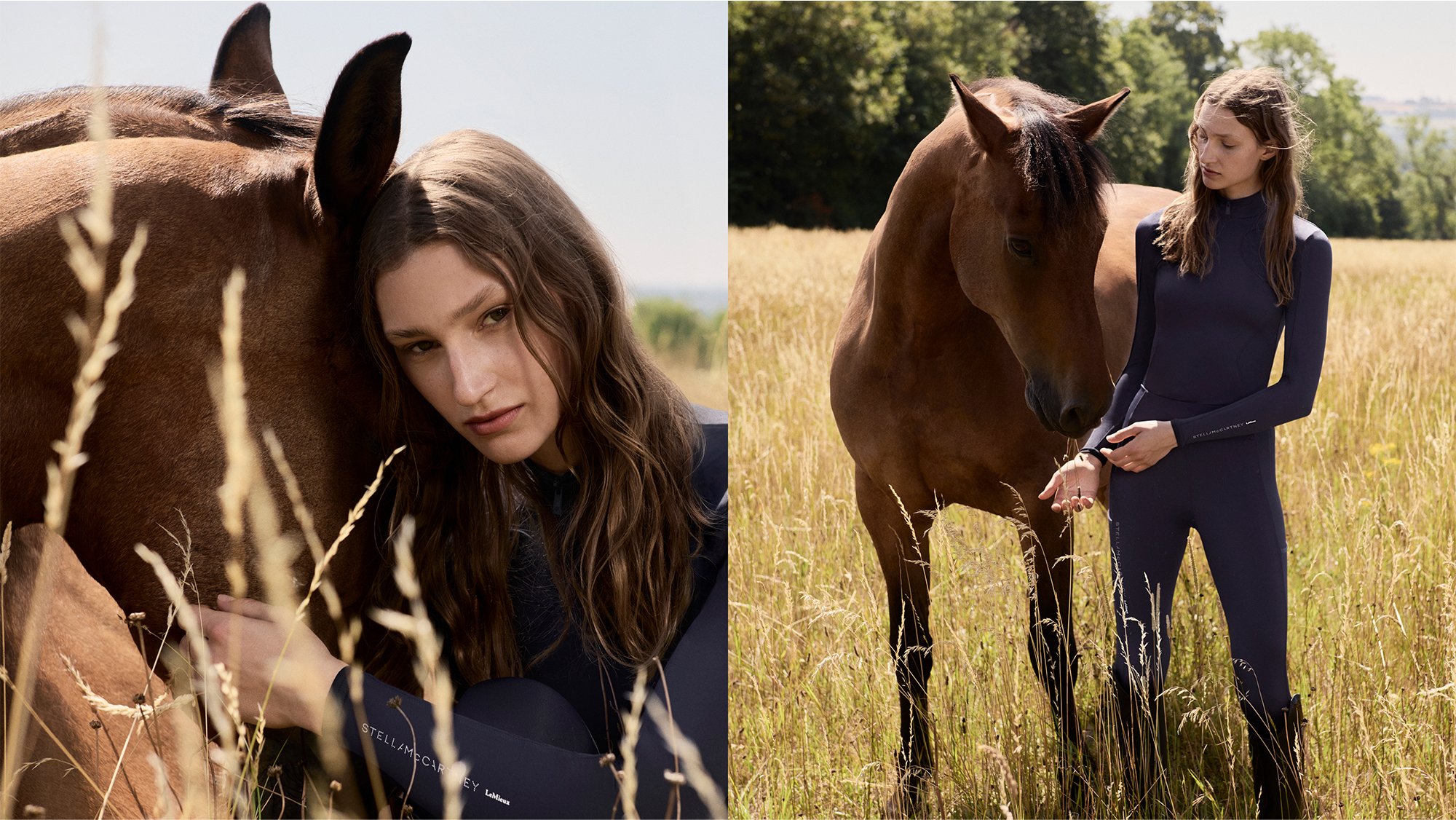 Model in field with a horse wearing LeMieux x Stella McCartney baselayer and breeches in navy