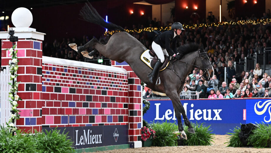 Rachel Proudley jumping the puissance wall on Easy Boy De Laubry Z at London International Horse Show