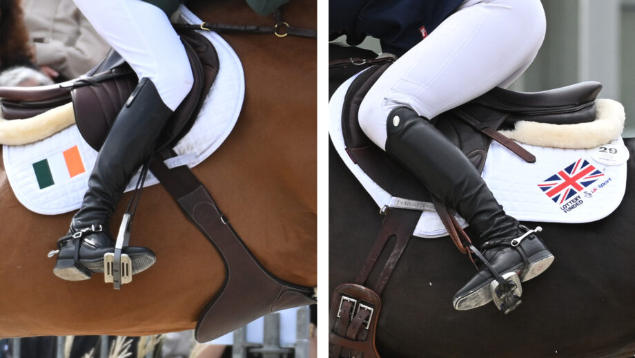 A close up of an Irish showjumper's saddle and leg, with the Irish flag on the saddle cloth, alongside a close up of a British showjumper’s saddle and leg, with the union flag on the saddle cloth.