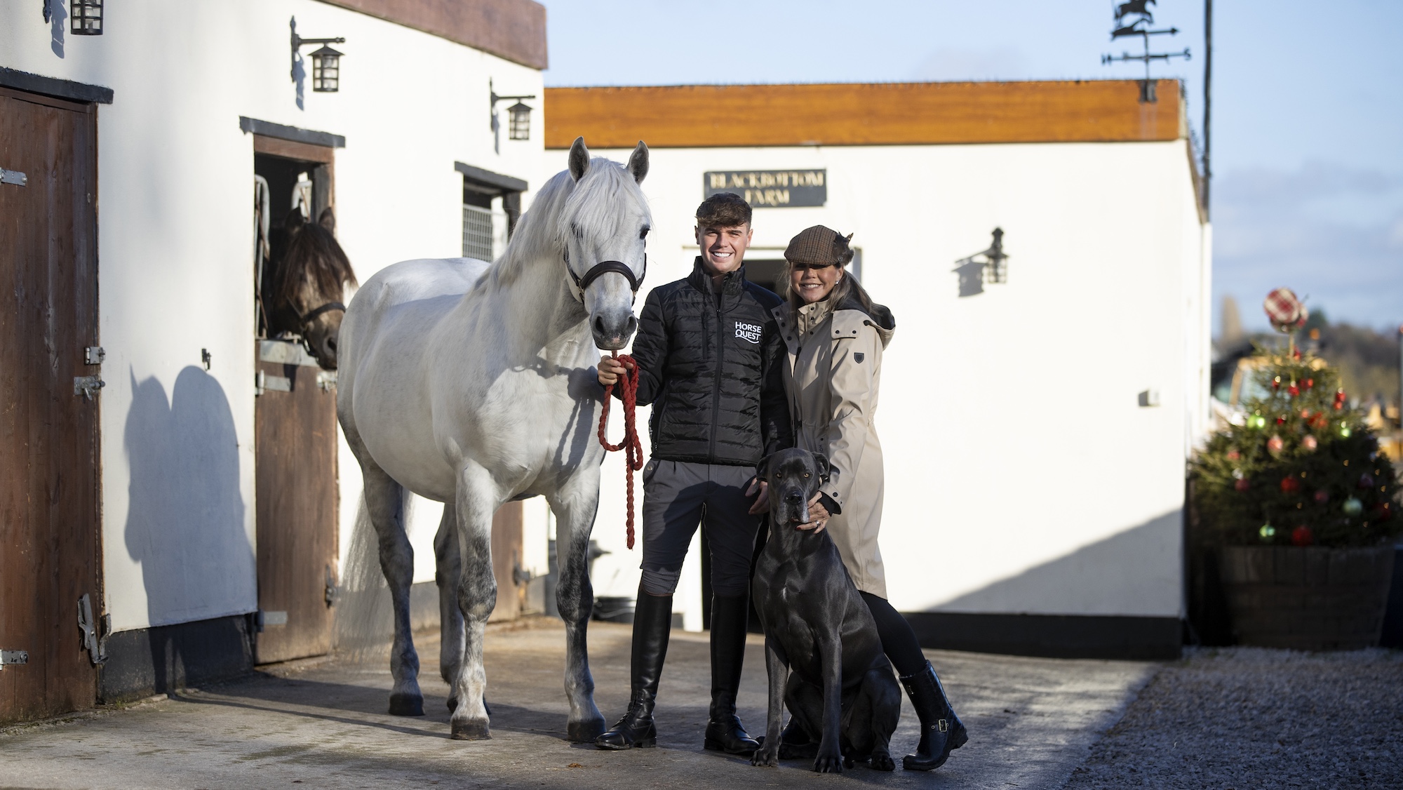Harrison Taylor his mum, grey pony and Great Dane