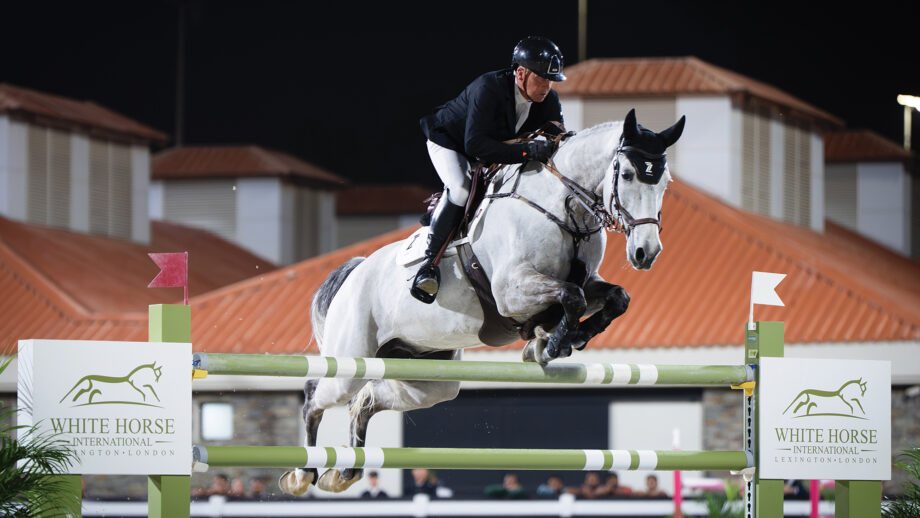Shane Breen and BP Arctic Blue clear a large oxer at the Al Shira’aa International in the UAE.