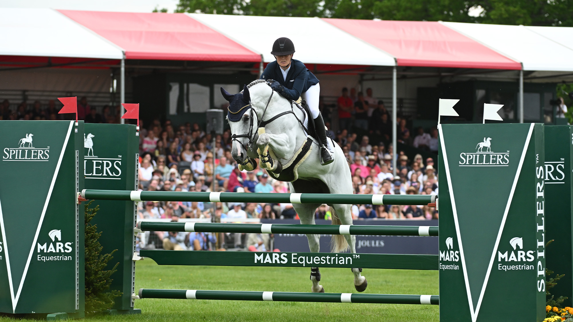 Lara De Liederkerke jumping at Badminton Horse Trials in front of the grandstand seating