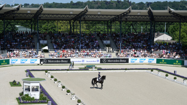 Wide shot of dressage in the main stadium at Aachen