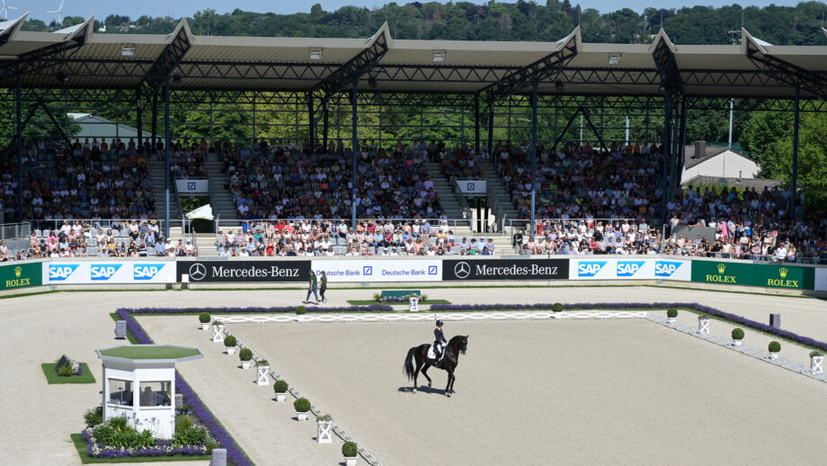 Wide shot of dressage in the main stadium at Aachen