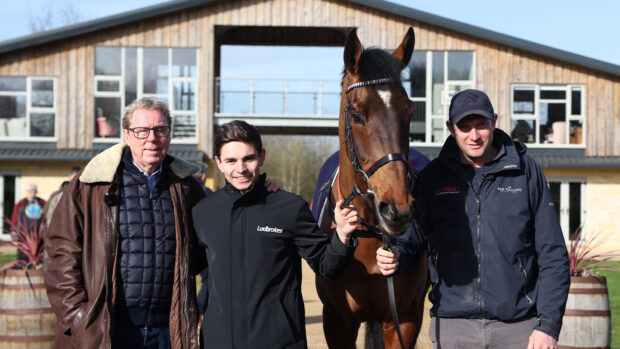 Race horse owner Harry Redknapp, trainer Ben Pauling and Jockey Ben Jones pose with Cheltenham Festival hopeful The Jukebox Man