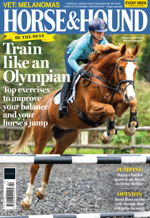 Cover of Horse & Hound, on sale 8 January, featuring Vittoria Panizzon jumping a fence on a chestnut horse