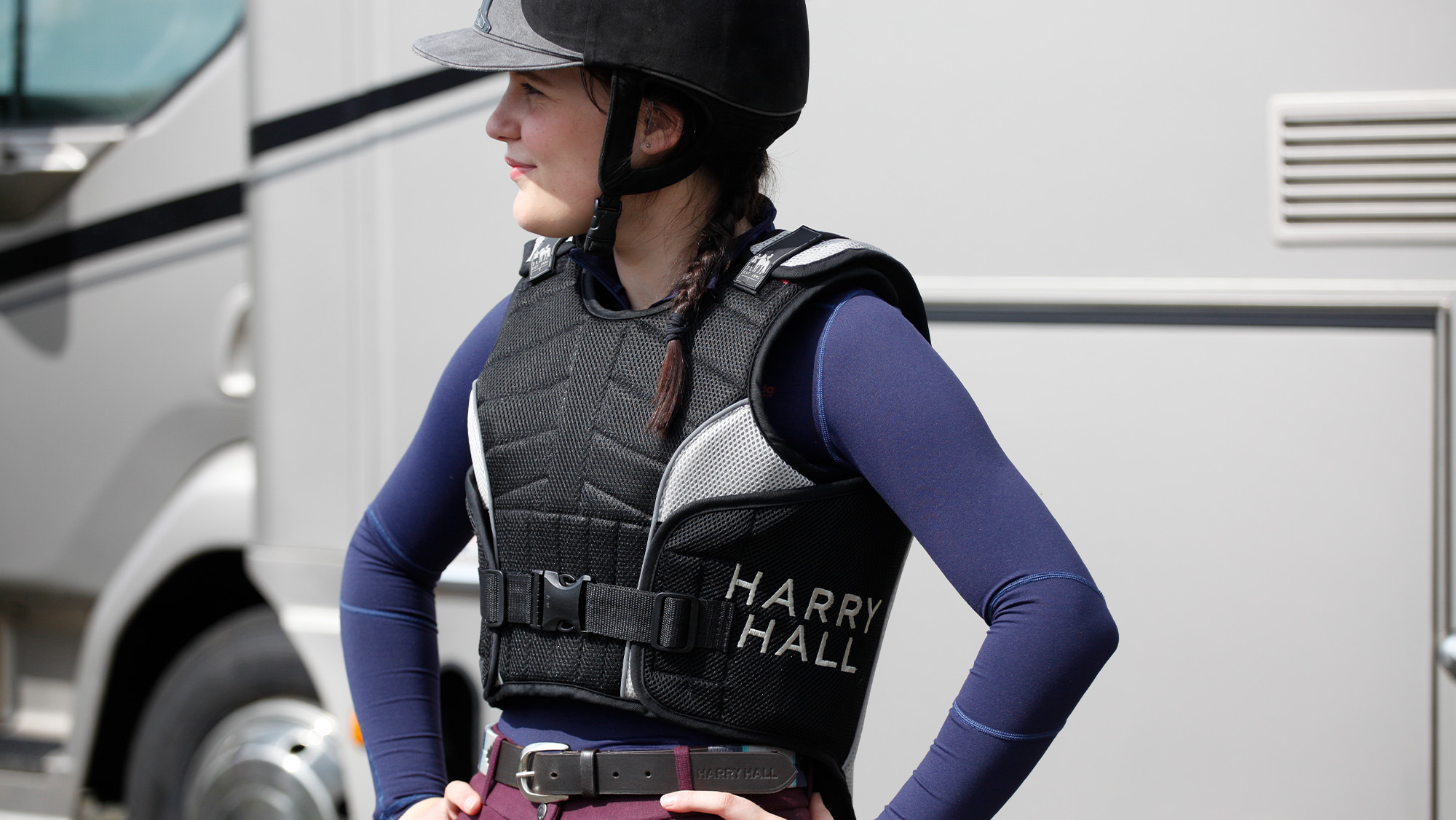 Close up of woman wearing a Harry Hall body protector