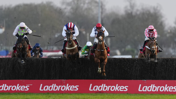Four horses clear the last at Kempton in a line as they race to win the Ladbrokes King George VI Chase 2025.
