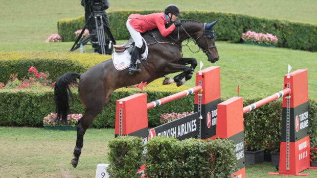 Pictured US Olympic showjumper McLain Ward and horse Imperial HBF jumping a fence at CHIO Aachen in Germany.