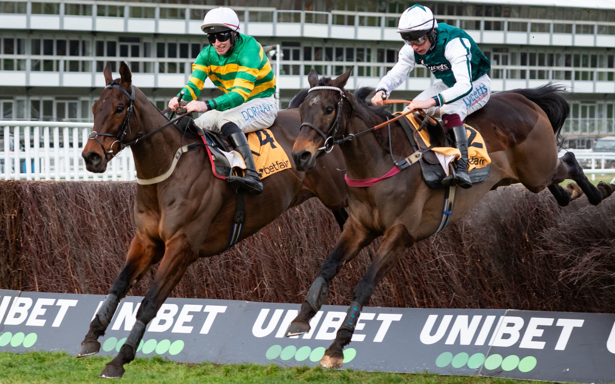 Spillane's Tower jumps a fence upsides Impaire et Passe at Cheltenham