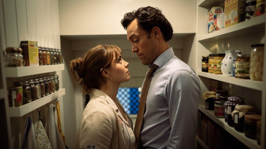 Promotion image for the second series of Rivals, showing Taggie O'Hara and Rupert Campbell-Black facing each other in a larder.