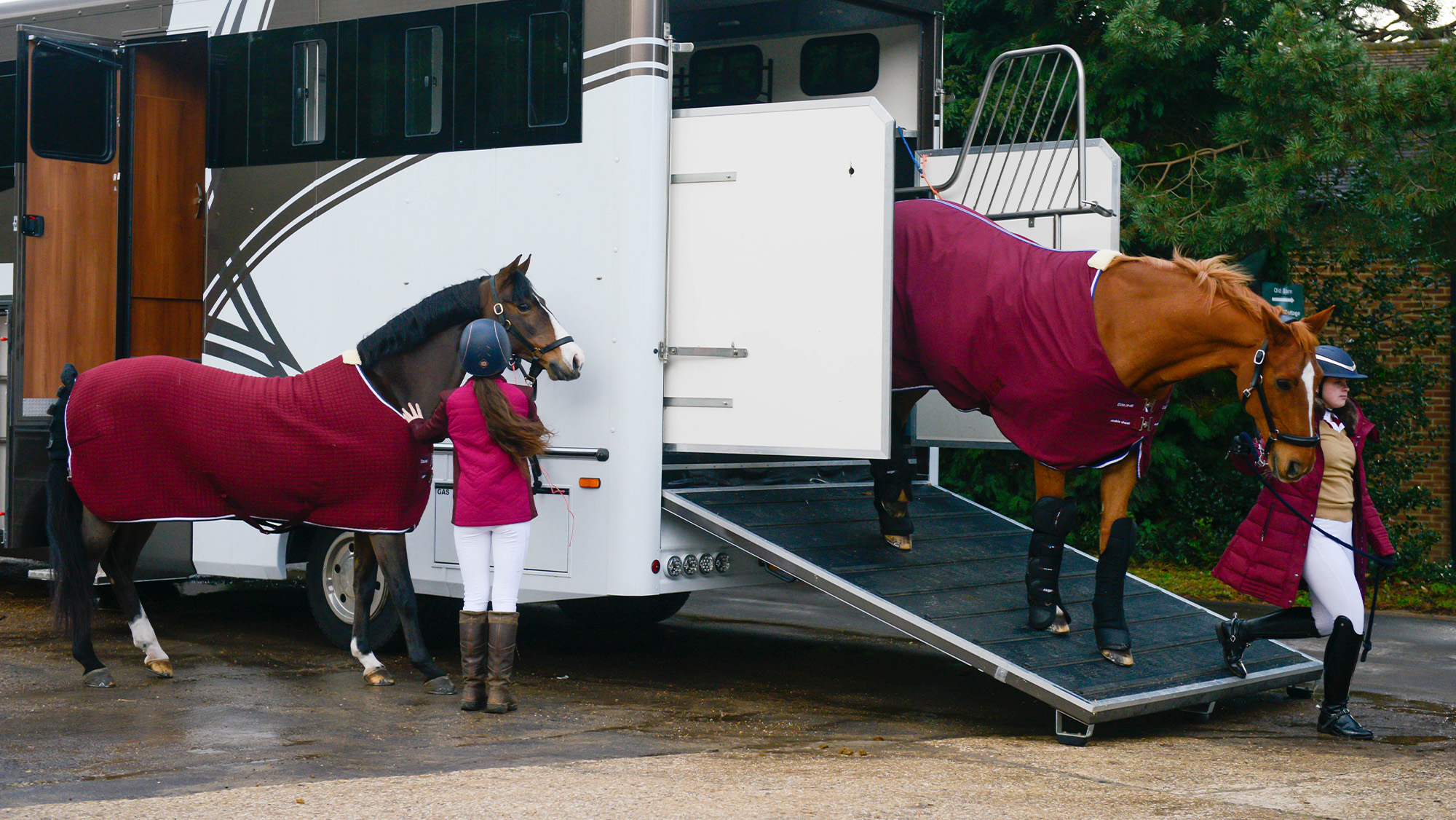 Horse tied up to horsebox, while another horse is being unloaded via rear ramp by a rider