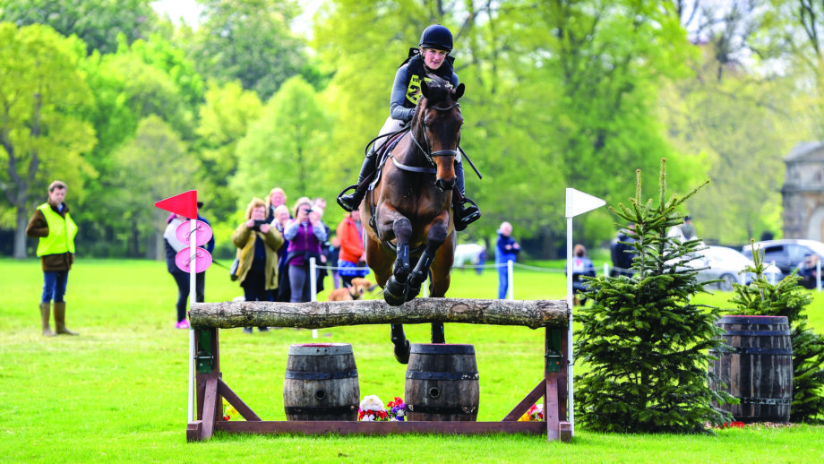 Hannah Taylor and Legaland Best One jumping a cross-country fence in the BE100 level eventing grassroots championships at Badminton.
