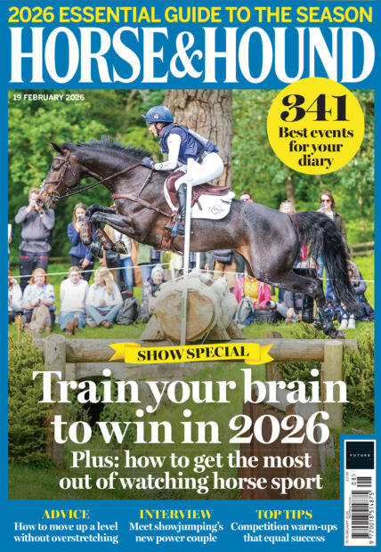 Cover of Horse & Hound's show guide issue featuring Yasmin Ingham and Gypsie du Loir jumping a cross-country fence at Bramham 2025.