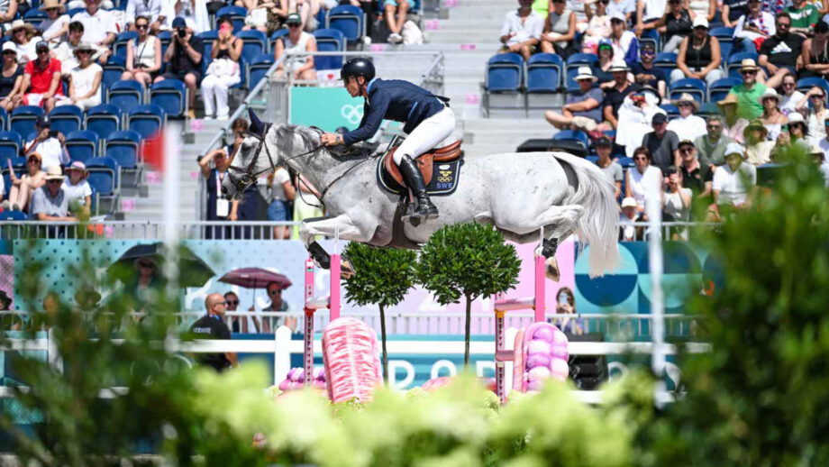 Pictured Swedish showjumper Peder Fredricson and his horse Catch Me Not S jumping a fence at the 2024 Paris Olympics.