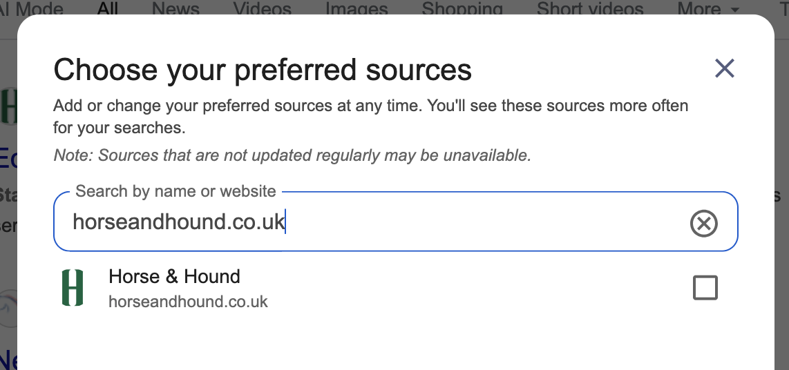 The prefered sources pop-up window provided by Google