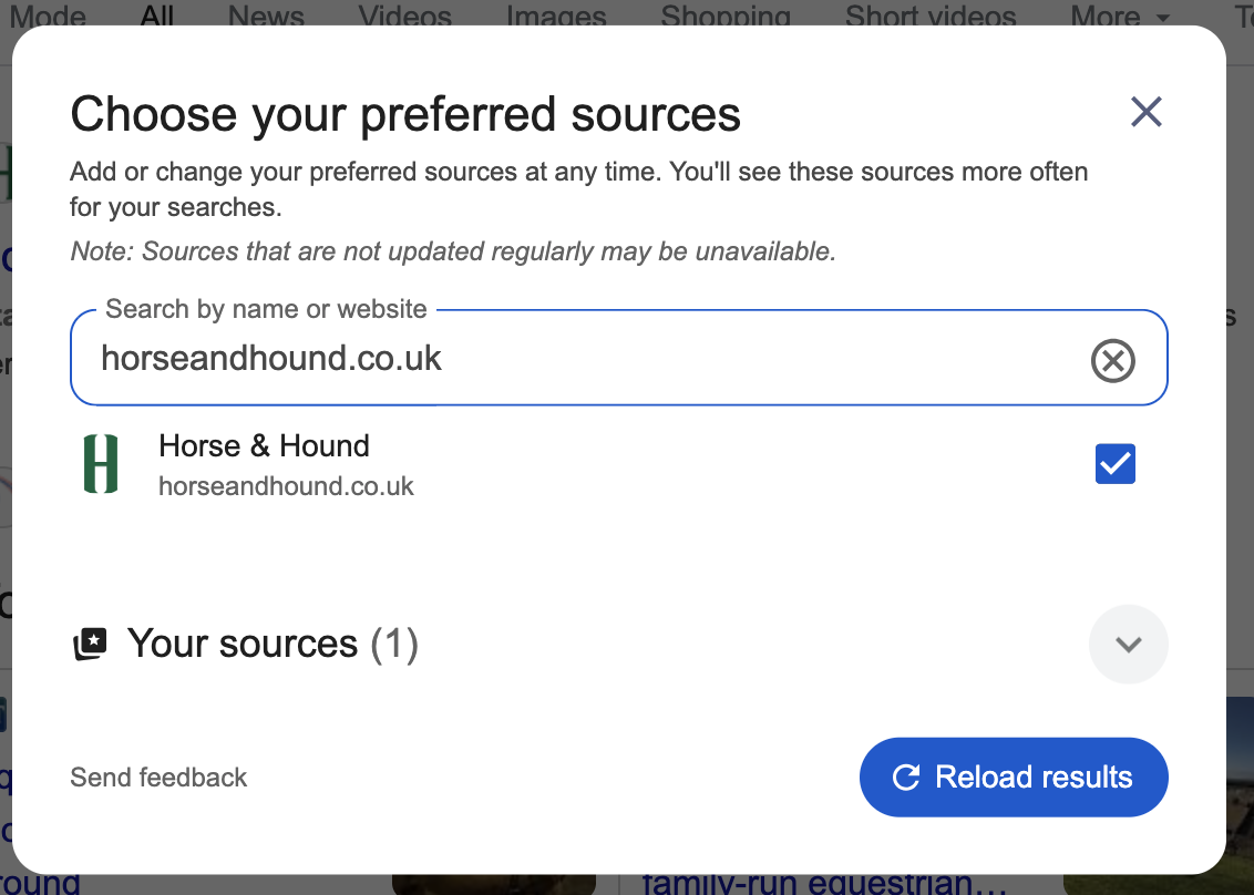 Screenshot showing how to select your preferred sources in google