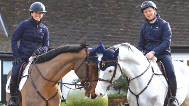Matt Sampson and Kara Chad at home, riding Udo (bay) and Billy Maximus (grey)