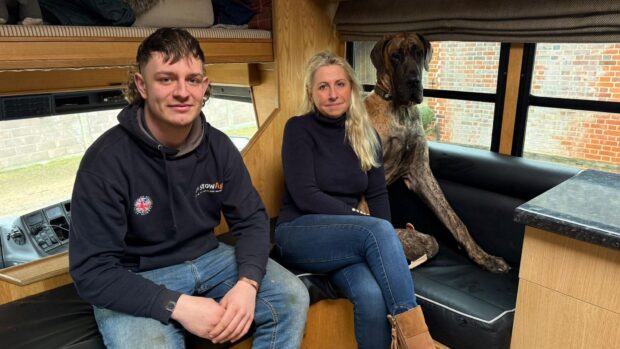 Sorrel Porteous, Joe Osborne and Aspen the great Dane in the horsebox