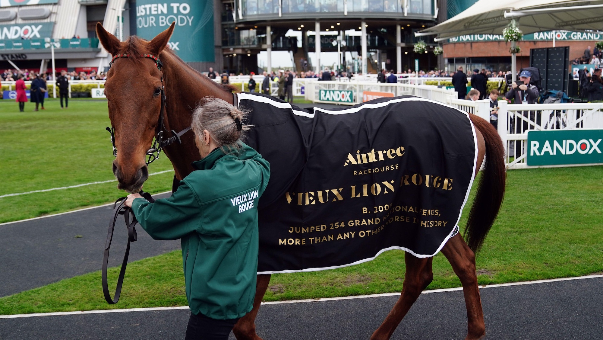 2X0N9W8 Horse Vieux Lion Rouge during the parade of champions on day three of the 2024 Randox Grand National Festival at Aintree Racecourse, Liverpool. Picture date: Saturday April 13, 2024.