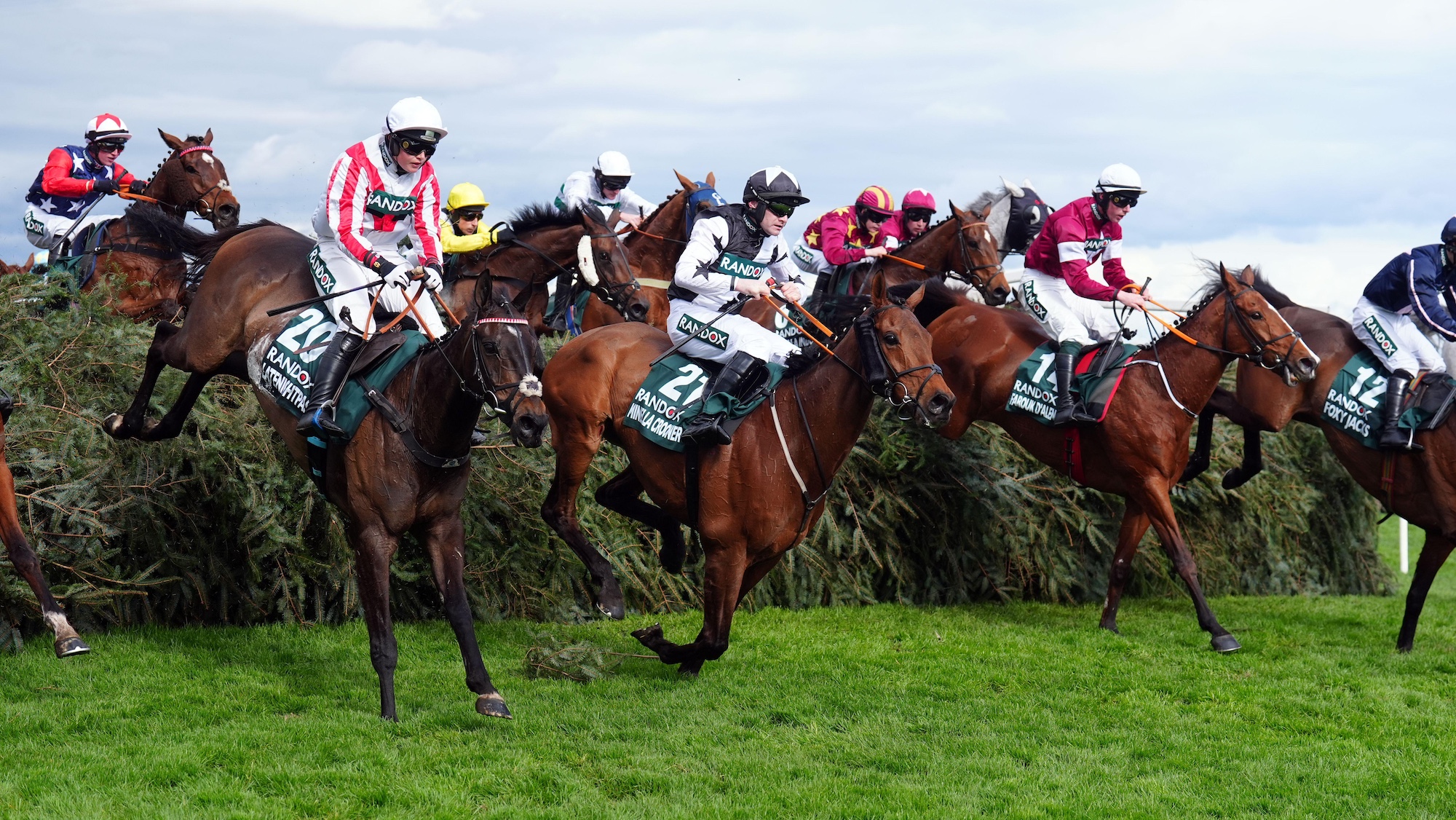 2X0R9NP Runners and riders jump the Chair during the Randox Grand National Handicap Chase on day three of the 2024 Randox Grand National Festival at Aintree Racecourse, Liverpool. Picture date: Saturday April 13, 2024.