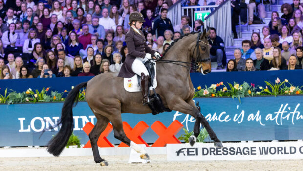 Becky Moody riding Jagerbomb third in the FEI Dressage World Cup qualifier in Amsterdam.