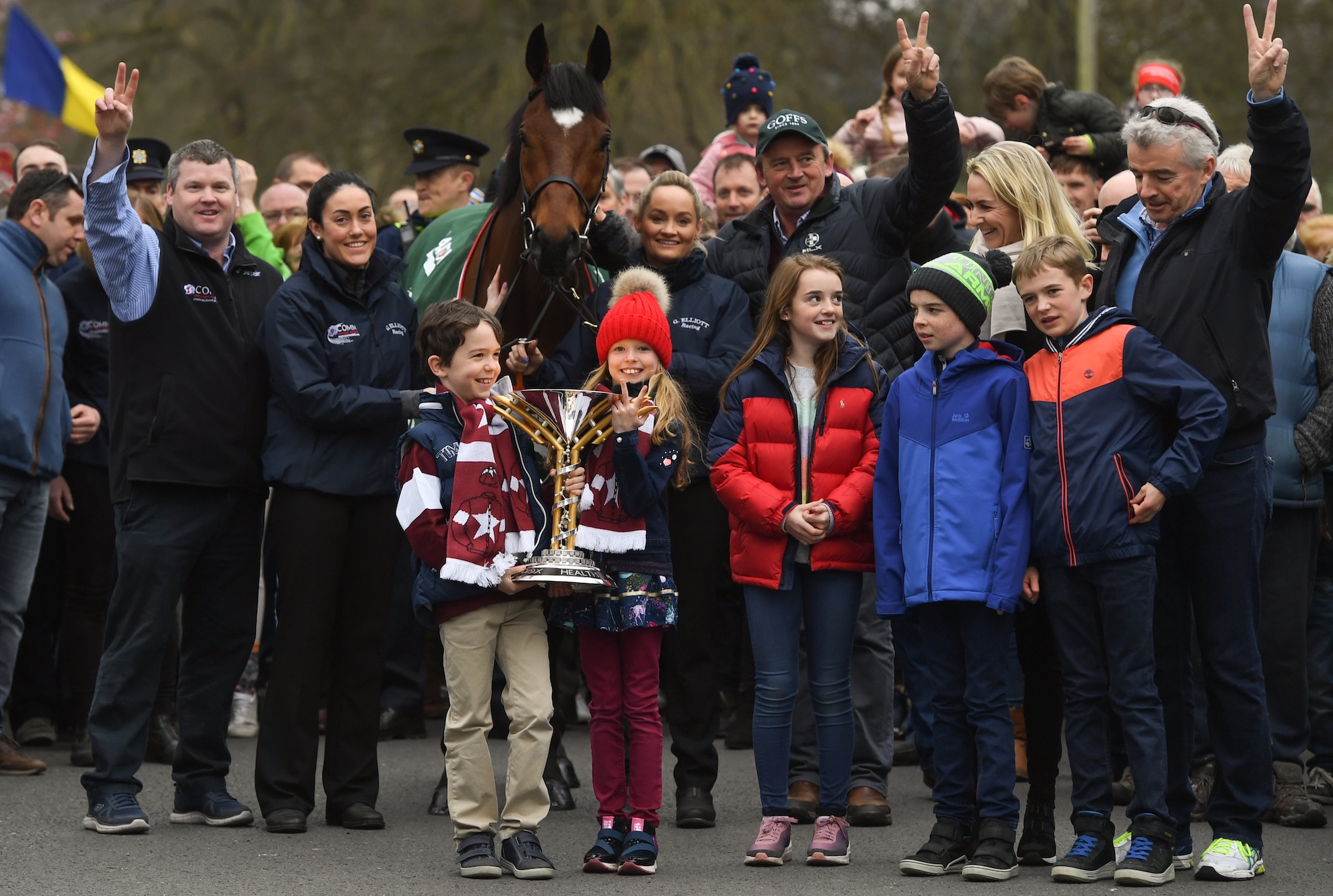 Bay horse with white star on parade after winning the Grand National in 2019.