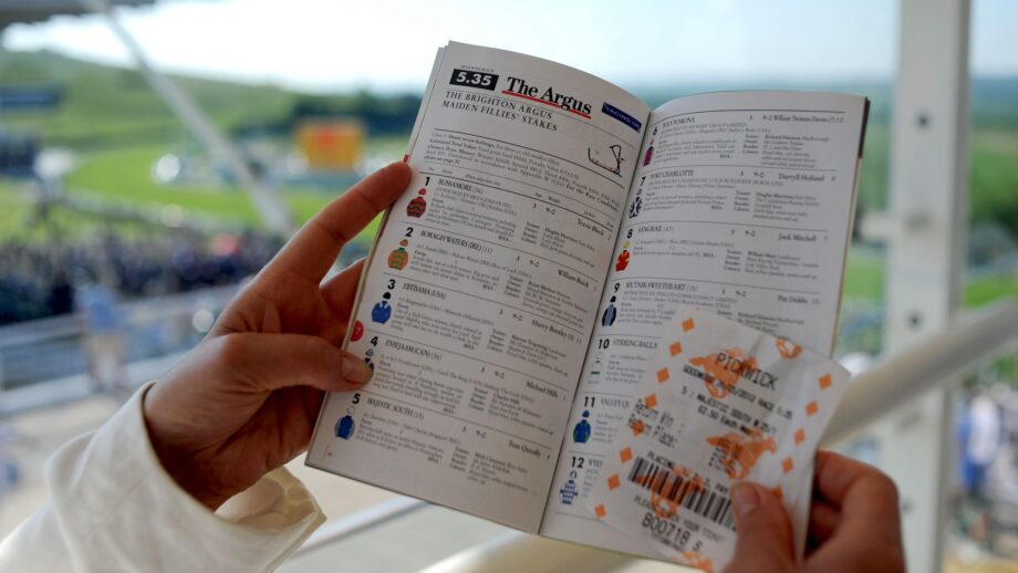 Female showing how to read a racecard at the horse races