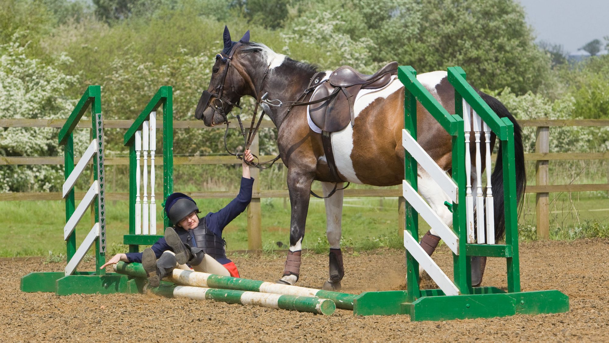The aftermath of a fall from a horse at a green and white oxer. The female rider has been thrown against a green jump wing and is still holding the rein of her skewbald horse in her left hand. The poles have been knocked down.