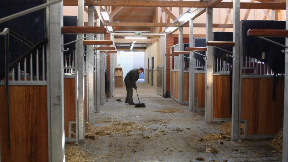 Woman starting the deep clean of a stable