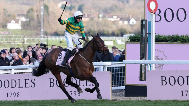 Mark Walsh salutes the crowd after winning the Boodles Cheltenham Gold Cup Chase on Inothewayurthinkin on Day Four of the Cheltenham Festival 2025.