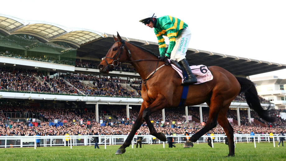 Mark Walsh riding Inothewayurthinkin celebrates winning the Boodles Cheltenham Gold Cup Chase at Cheltenham Festival