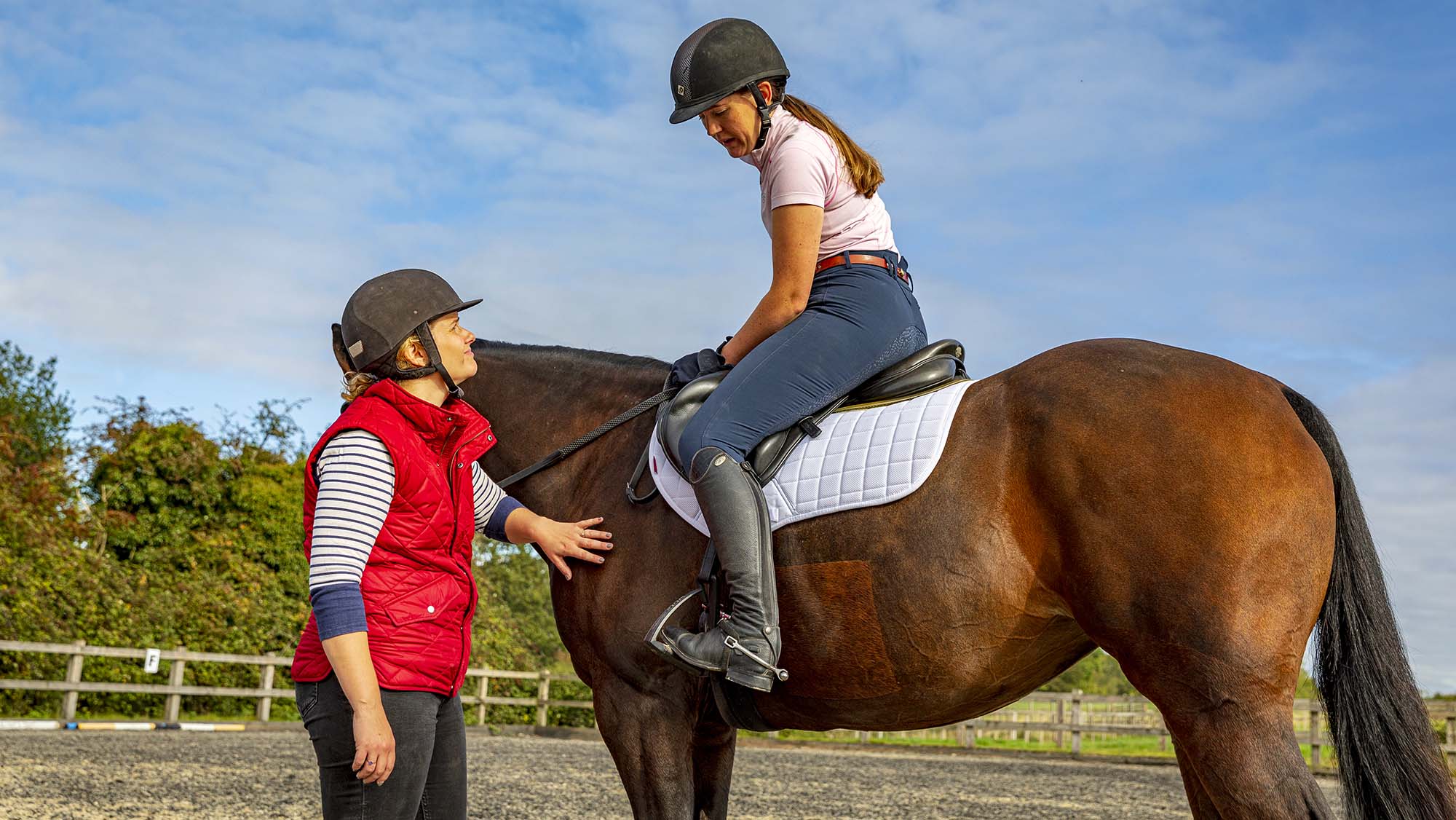 Rider on a bay horse leans over to speak to a women on the ground wearing a red gilet