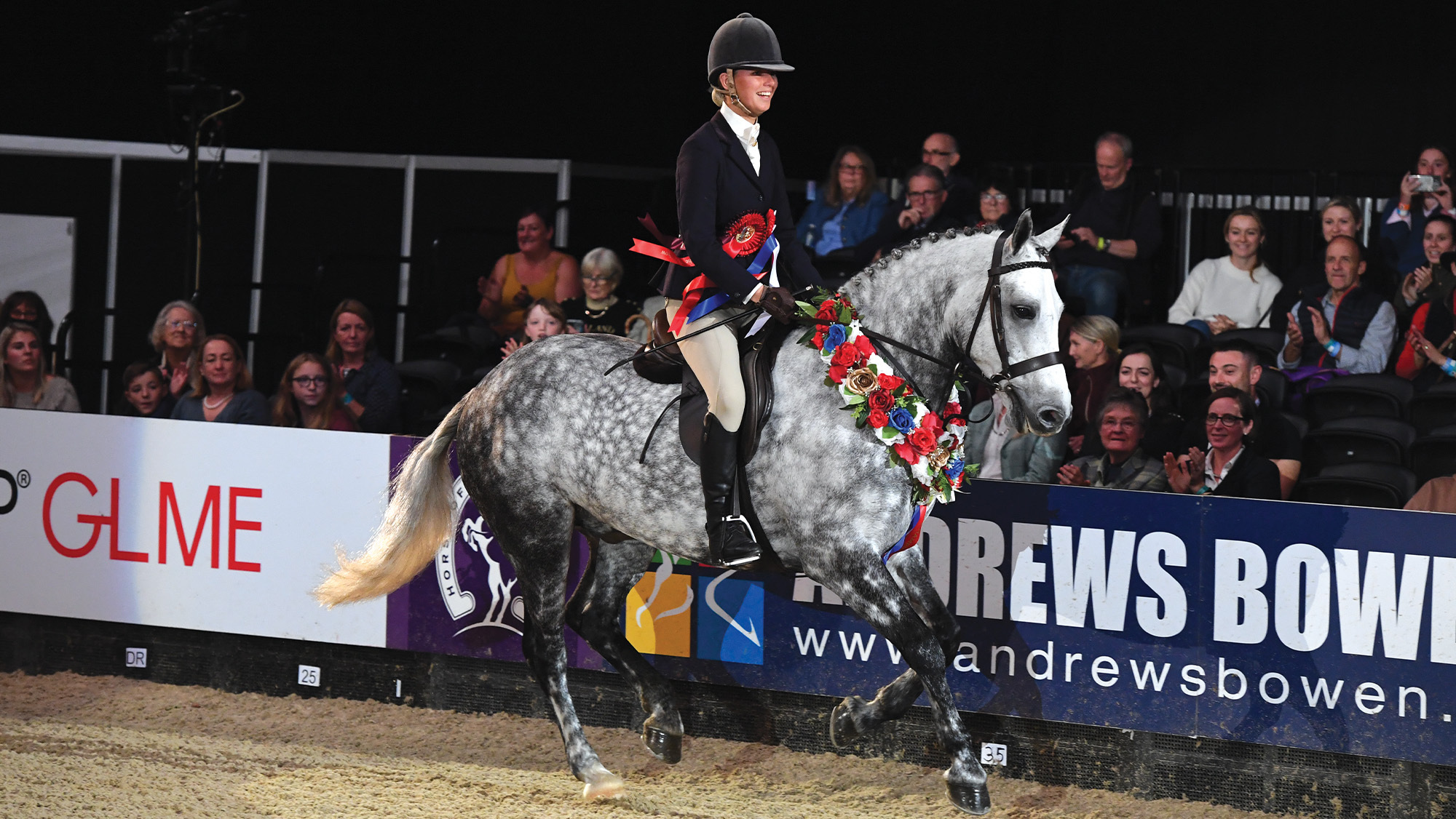 Connemara pony Woodfield Jovial Joker, who has successfully competed in both plaited and native working hunter pony classes, canters around the HOYS ring after winning