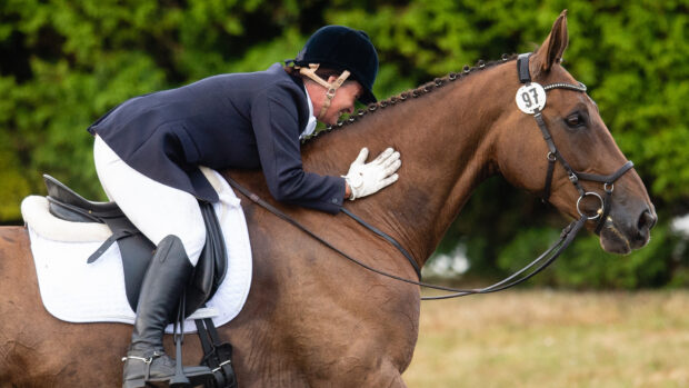 Rider leaning down to hug their horse and pat the neck after a good performance
